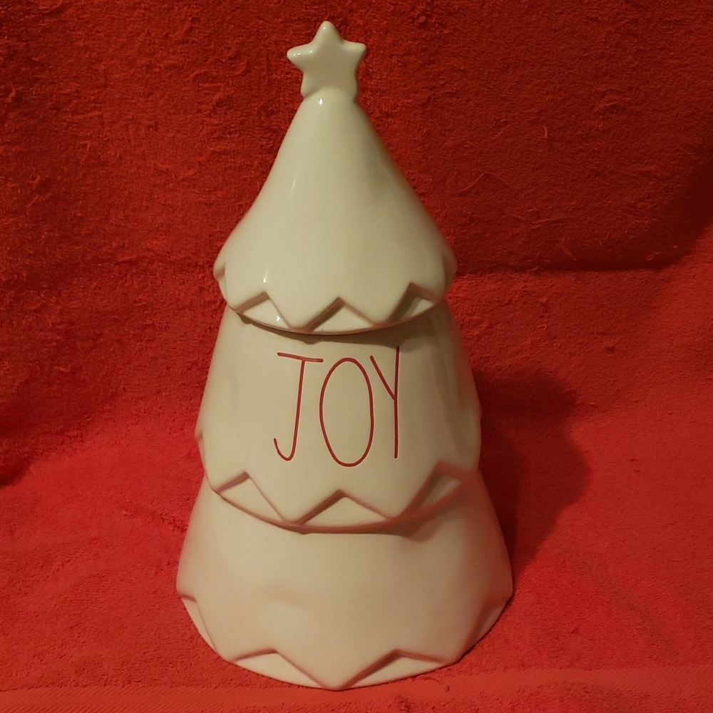 Rae Dunn White Christmas Tree Jar with Red Joy Accent